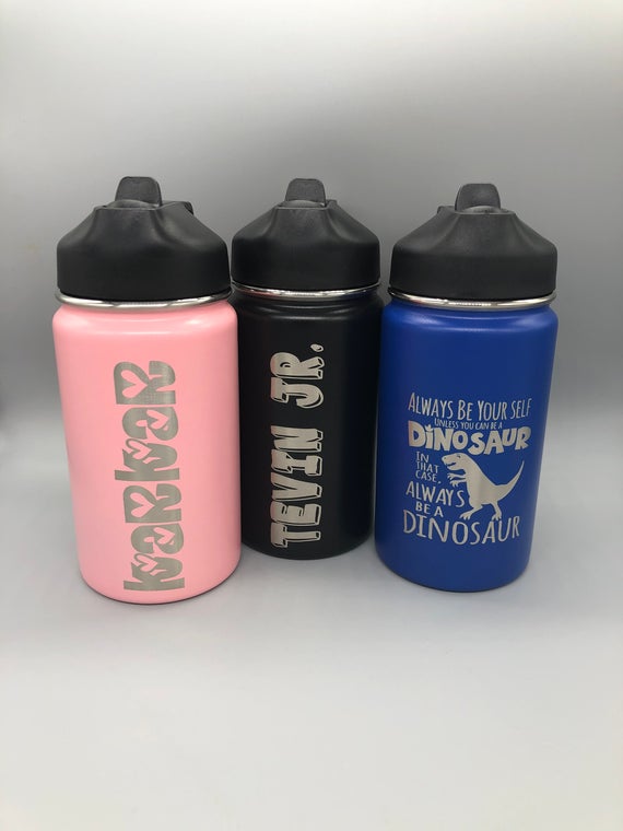 Personalized 12 ounce water bottle for kids with flip top lid and screw on lid - fits in car cup holder